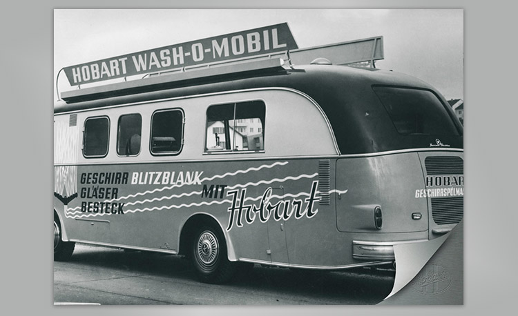Historic Hobart Wash-O-Mobil – promotional vehicle for dishwashers, glass and cutlery cleaning, featuring large roof sign and bold lettering.