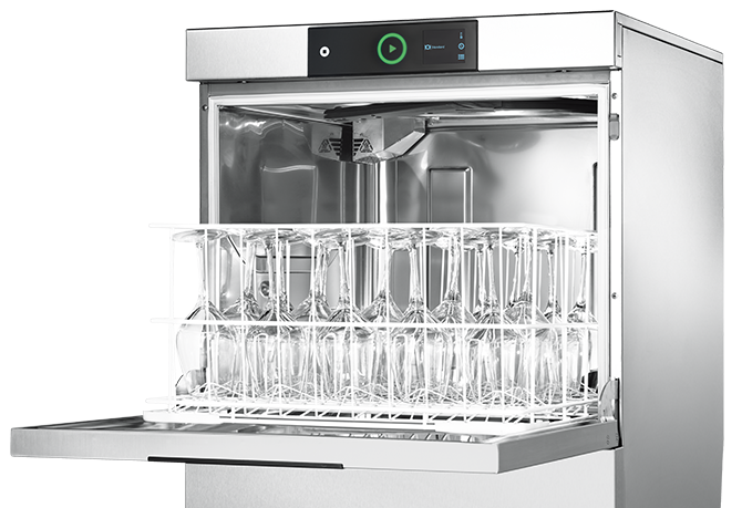 HOBART PREMAX glasswasher with open door and a rack filled with clean wine glasses. High-end solution for hospitality and catering, compact design, energy-saving technology, and hygienic cleaning for delicate glassware.