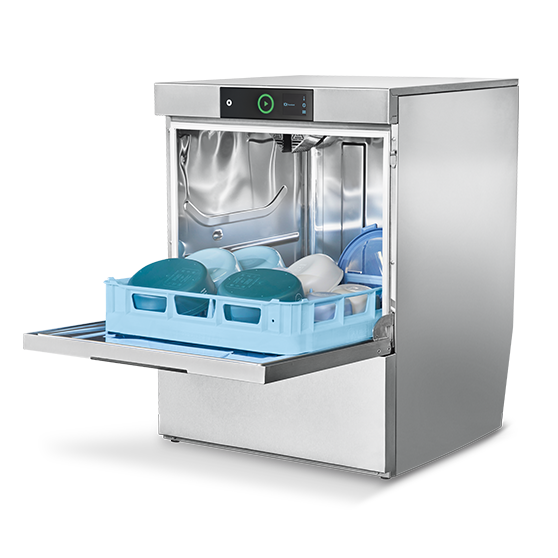 HOBART stainless steel undercounter dishwasher with open door and dish rack loaded with plates and bowls, featuring a modern control panel and energy-efficient technology for professional kitchens and catering.