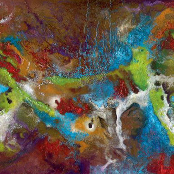Art print by Jürgen Bauert from the HOBART edition titled DIVERSITY. Abstract composition featuring vibrant colors such as blue, green, red, brown, and white blending in dynamic structures and fluid transitions. The artwork represents diversity, energy, and creativity through an expressive color interplay without a defined structure.