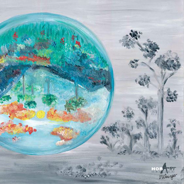Artistic painting featuring a large transparent sphere containing an inverted, colorful landscape with trees and vegetation, contrasted against a grey, muted outer environment, symbolizing new perspectives, reflection and the chance for renewal, as well as the visionary idea of HOBART’s approach to waterless washing.